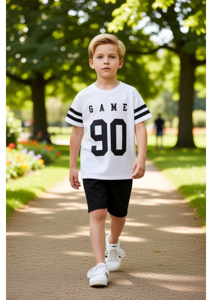 Erkek Çocuk Pamuklu Bisiklet Yaka Kısa Kollu Baskılı T Shirt ve Şort Takımı Kaliteli Şık Rahat