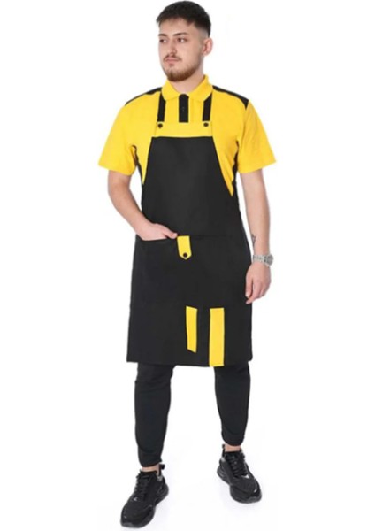 Belden Bağlamalı Boyun Askılı Çift Renkli Önlük Siyah