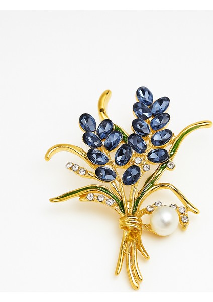 Göksunun Izi Mavi Taşlı Altın Tonlu Yaprak Formlu Metal Broş Aksesuar
