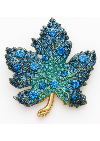 Göksunun Izi Mavi Taşlı Altın Tonlu Yaprak Formlu Metal Broş Aksesuar