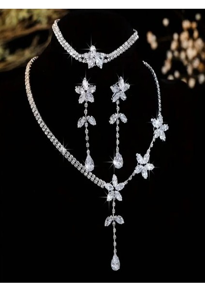 Çiçekli Zirkon Taşlı Düğün Takı Seti-Gümüş Kaplama fiyatları