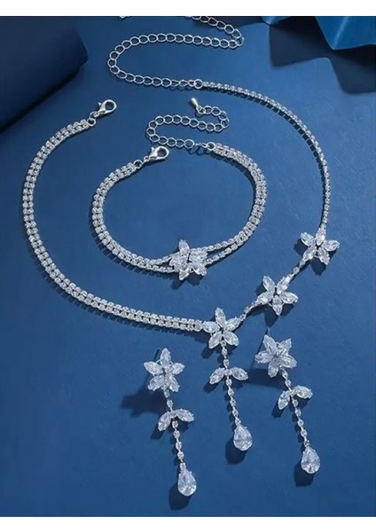 Çiçekli Zirkon Taşlı Düğün Takı Seti-Gümüş Kaplama modelleri