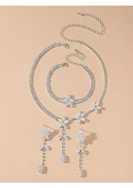 Çiçekli Zirkon Taşlı Düğün Takı Seti-Gümüş Kaplama indirimleri