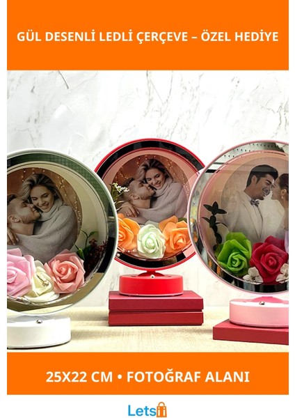 Kişiye Özel Gül Desenli Ledli Fotoğraf Çerçevesi 25X22 cm
