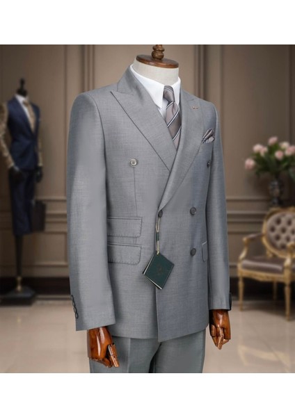 Kruvaze, Kırlangıç Yaka, Çift Cepli, Slim Fit, Erkek Takım Elbise, Gri