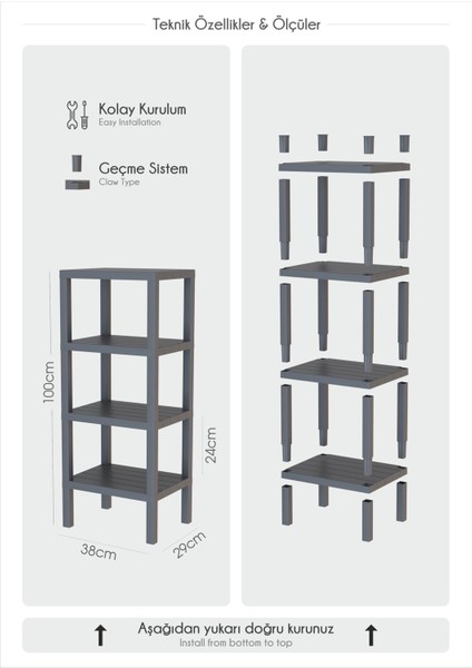 4 Katlı Düzenleyici Plastik Raf Ünitesi, Kitaplık, Banyo, Mutfak Rafı, Ayakkabılık - Beyaz fırsatları