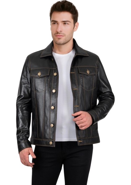 Sanchez Hakiki Deri Erkek Siyah Kot Model Mont