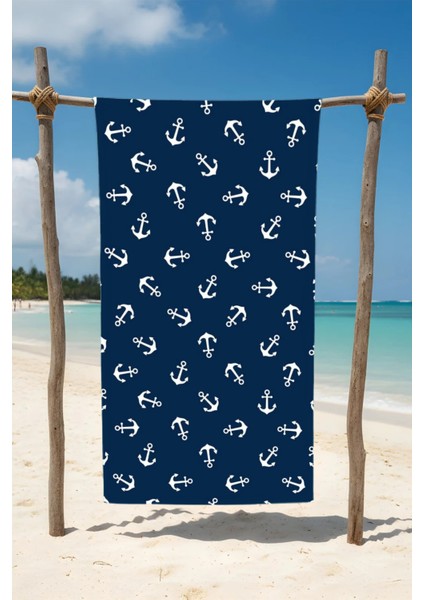 Lacivert Küçük Çapa Desenli Pamuk Plaj Havlusu – Desenli Tasarım – 75X150 cm