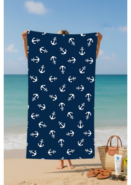Lacivert Küçük Çapa Desenli Pamuk Plaj Havlusu – Desenli Tasarım – 75X150 cm fiyatları