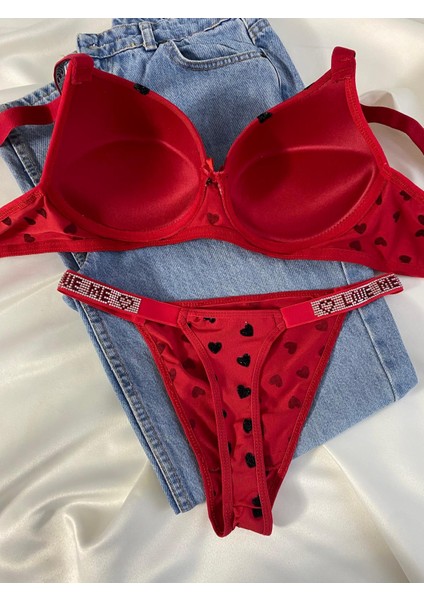 Kadın Kalpli Taşlı Balenli Destekli Dolgulu Push Up Sütyen Takımı Iç Çamaşırı Takımı modelleri