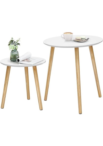 Yan Sehpa Seti, Yuvarlak, 2 Modern Kanepe Sehpası, Minimalist, Iskandinav Tarzı, Masif Ahşap Ayaklar, Oturma Odası ve Balkon Için Sehpa Kombinasyonu, Çam LET07WN