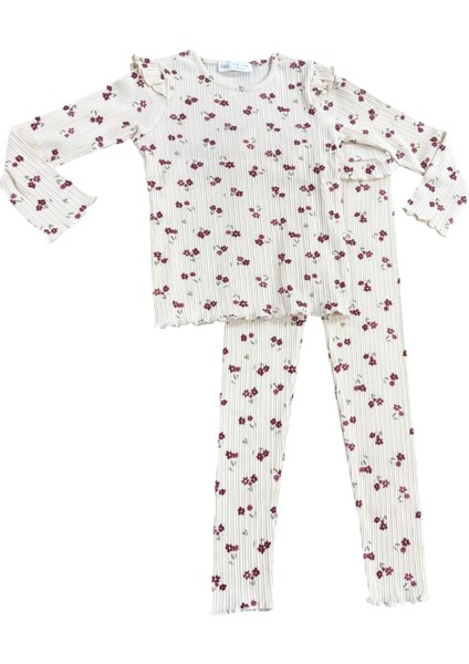 Krem Pembe Çiçekli Fitilli Tayt Tk.