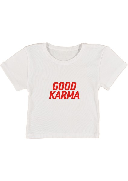 Good Karma Baskılı Beyaz Crop Top