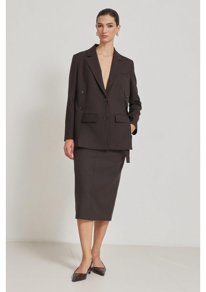 Acı-Kahve Düğme ve Cep Detaylı Çizgili Ceket