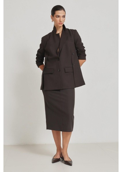 Acı-Kahve Düğme ve Cep Detaylı Çizgili Ceket fiyatları