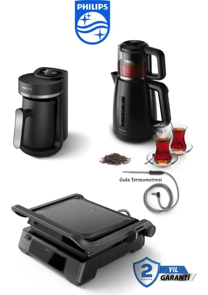 2200W Dijital 7000 Serisi Izgara ve Tost Makinesi+ Türk Kahve Makinesi + Çay Makinesi 1700W + Mutfak Tartısı