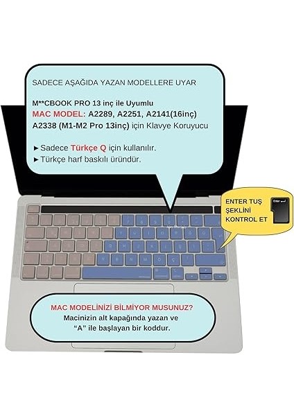 Macbook Pro M1-M2, 13INÇ (Touchbarlı) Klavye Kılıfı (Türkçe Q) A2289 A2251 A2338 A2141 Uyumlu R.powder Mavi Pembe fiyatları