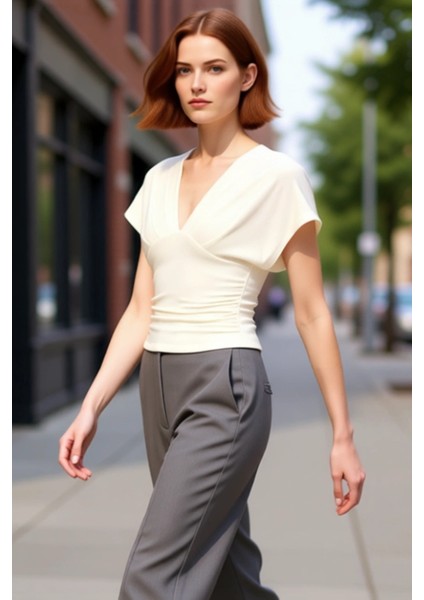 Kadın V Yaka Kolsuz Büzgülü Vücuda Oturan Örme Bluz Kaliteli Şık Rahat Modern Zarif Günlük