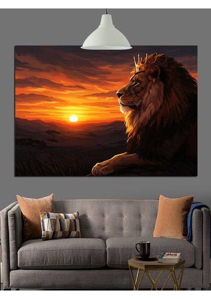 Aslan Kral Gün Batımı Portre Dekoratif Kanvas - Mdf Ahşap Tablo