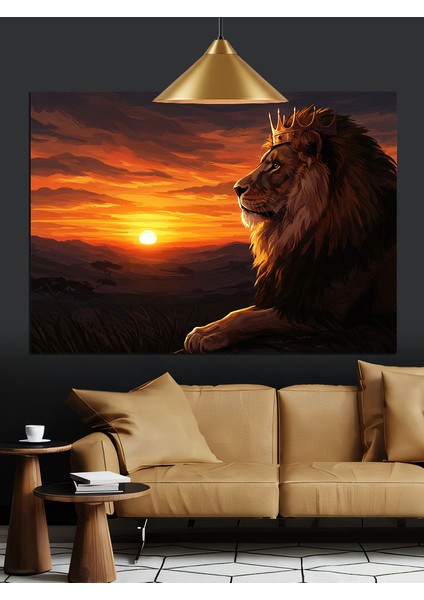 Aslan Kral Gün Batımı Portre Dekoratif Kanvas - Mdf Ahşap Tablo fırsatları