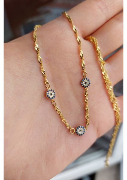 925 Ayar Gümüş 24 Ayar Altın Kaplama 3 Nazar Boncuklu Singapur Zincir