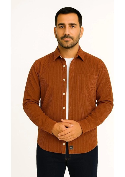 Erkek Fitilli Kadife Cepli Gömlek Oversize Rahat Kalıp - Kahverengi fiyatları