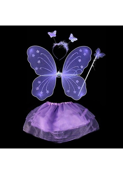Lila Mor Kelebek Kostümü - Lila Mor Kelebek Kostüm Aksesuar Seti 4 Parça (5067)