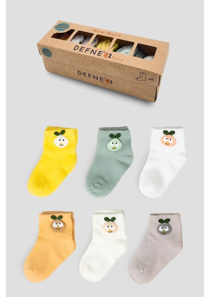 6 Çift Kutulu Armut Aksesuarlı Pamuklu Kız Newborn Yeni Doğan ve Bebek Çorabı 0-6 Ay