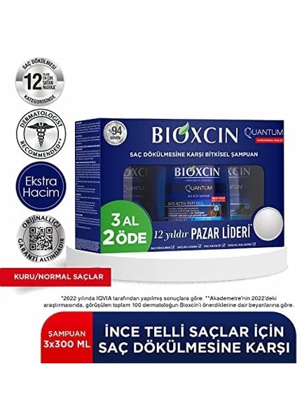 Bioxcin Quantum Şampuan – Kuru ve Normal Saçlar Için – 3X300 ml – Dökülme ve Incelme Karşıtı – Bio-Activ Peptit, Biocomplex B11, Bal ve Mentol Içerikli fiyatları
