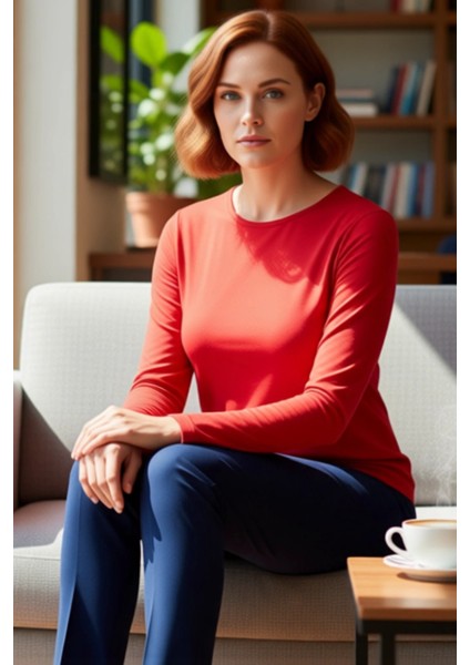 Kadın Vücuda Oturan Kayık Yaka Uzun Kollu Pamuklu Üst Kaliteli Şık Rahat Modern Zarif Günlük