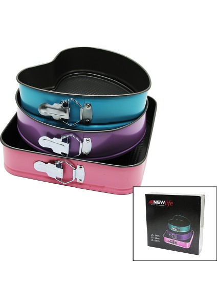 3 Parça Set Metal Kek Kalıp Kelepçeli Kalp - Kare - Yuvarlak (5067)