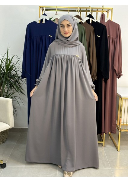 Ferace & Abaya Sufle Esarp ve Üsten Robalı Kemerli Elbise Takım .hac ve Umre Için Uygundur Gri fiyatları