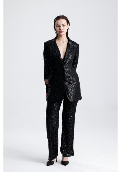 Payetli Yelekli Kadınabiye Takım - Şık Blazer Ceket, Yelek ve Pantolon Siyah fiyatları