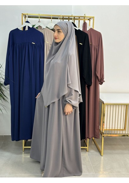 Ferace & Abaya Sufle Esarp ve Üsten Robalı Kemerli Elbise Takım .hac ve Umre Için Uygundur Gri fırsatları