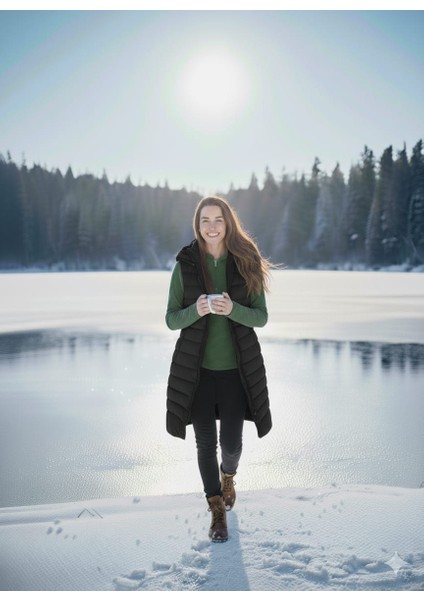 Kmk Kombin Kadın Uzun Önü Fermuarlı Kapişonlu Şişme Yelek