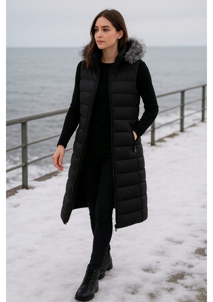 Kmk Kombin Kadın Uzun Önü Fermuarlı Kapişonlu Şişme Yelek fiyatları