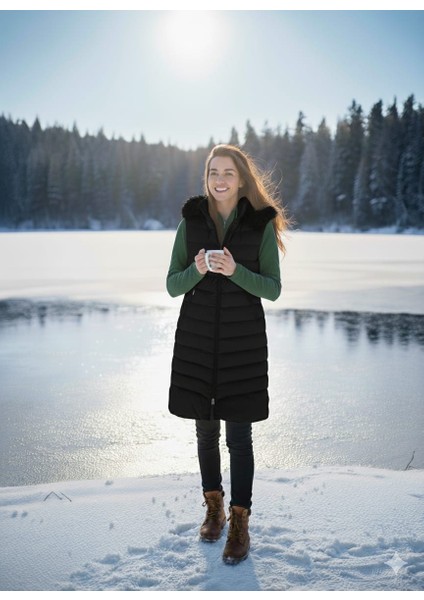 Kmk Kombin Kadın Uzun Önü Fermuarlı Kapişonlu Şişme Yelek modelleri