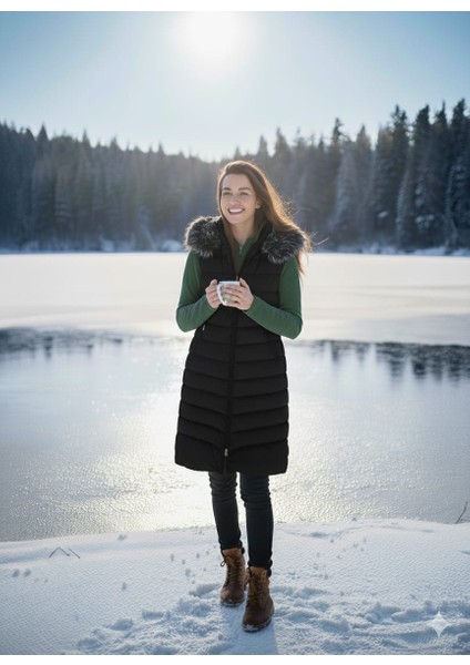 Kmk Kombin Kadın Uzun Önü Fermuarlı Kapişonlu Şişme Yelek fırsatları