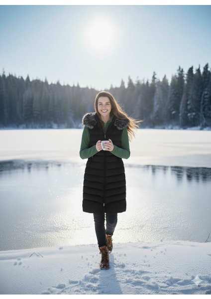 Kmk Kombin Kadın Uzun Önü Fermuarlı Kapişonlu Şişme Yelek indirimleri