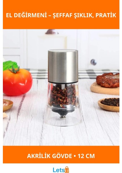 Şeffaf Akrilik El Değirmeni 12 cm Ergonomik Baharat Öğütücü