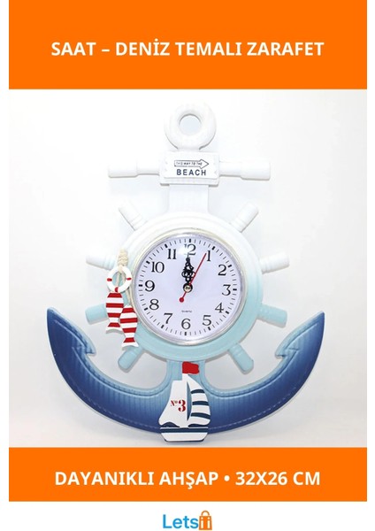 Ahşap Marin Dümenli ve Çapa Tasarımlı Dekoratif Duvar Saati