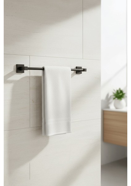 Siyah Yapışkanlı Uzun Havluluk – Kare Topuzlu, (Yapıştır/vidala) Montajlı Dayanıklı Metal Askı - (S-101) - Kts