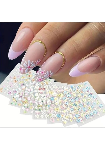 Store 500 Adet 10 Sayfa Sanatsal Çiçek Desenli Tırnak Sticker Protez Tırnak Kalıcı Oje 3D Süsleme, Çok Renkli indirimleri