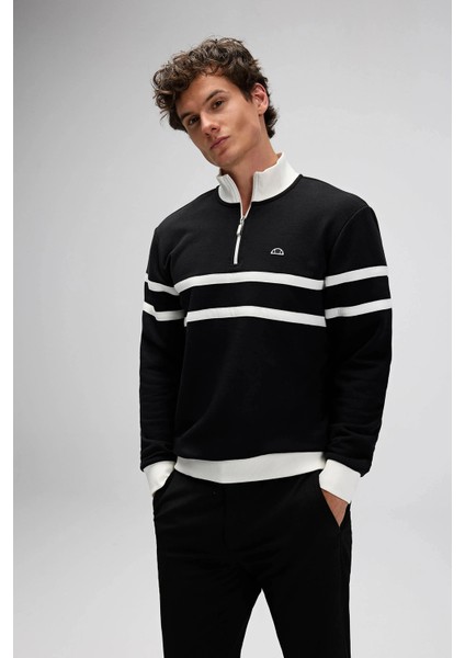 Şeritli Pamuklu Regular Fit Yarım Fermuarlı Dik Yaka Sweat Erkek Sweat EM619