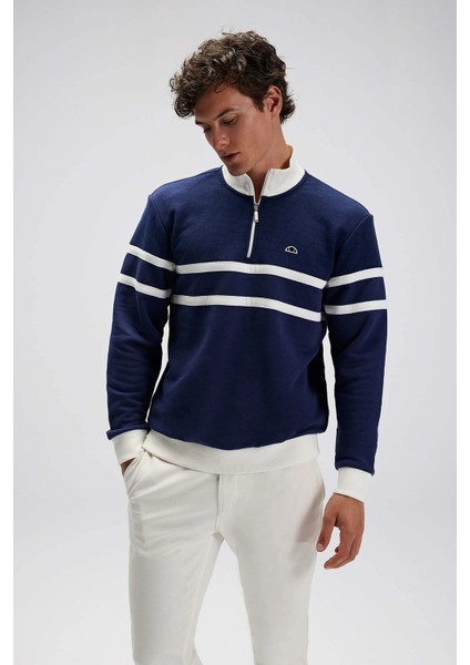 Şeritli Pamuklu Regular Fit Yarım Fermuarlı Dik Yaka Sweat Erkek Sweat EM619