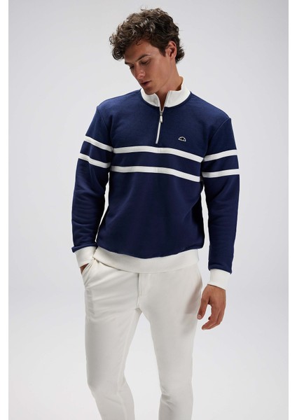 Şeritli Pamuklu Regular Fit Yarım Fermuarlı Dik Yaka Sweat Erkek Sweat EM619 modelleri