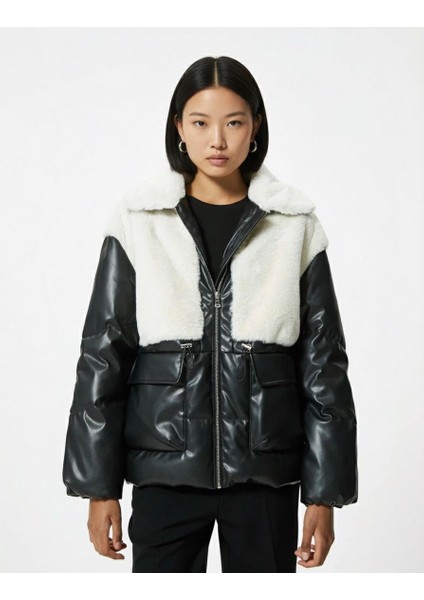 Peluş Detaylı Fermuarlı Cepli Deri Görünümlü Şişme Mont