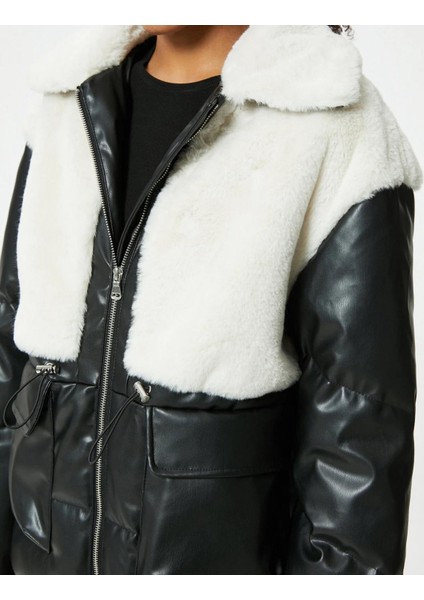 Peluş Detaylı Fermuarlı Cepli Deri Görünümlü Şişme Mont modelleri