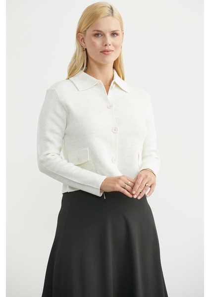 Düğmeli Cep Detaylı Triko Ceket - Kemik modelleri