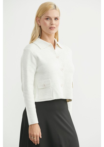 Düğmeli Cep Detaylı Triko Ceket - Kemik fırsatları